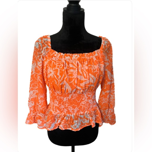 Biba Neon Orange Floral Smocked Blouse- Medium - Picture 1 of 5